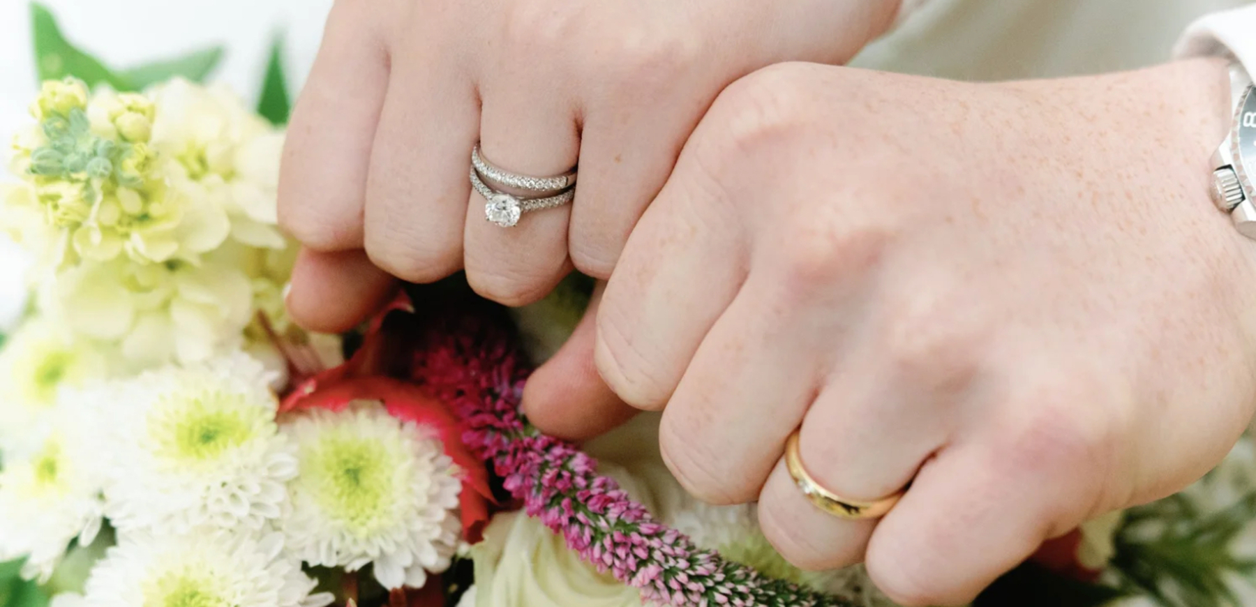 Newlyweds showing their wedding rings